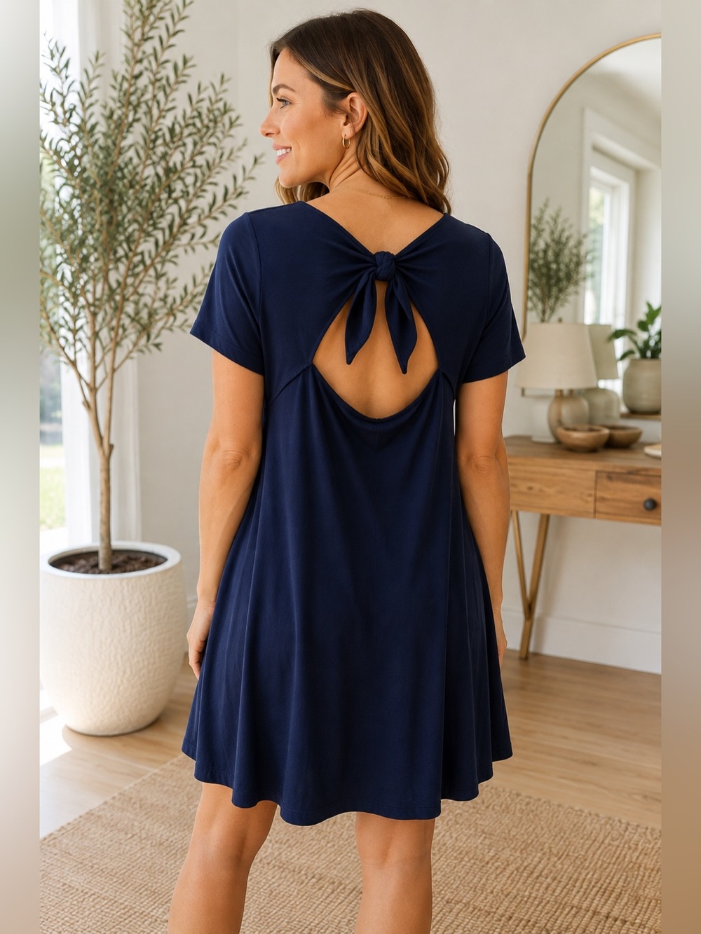 Loft Navy Tie Back Dress Short Sleeve Round Neck Super Soft Casual Dress Medium